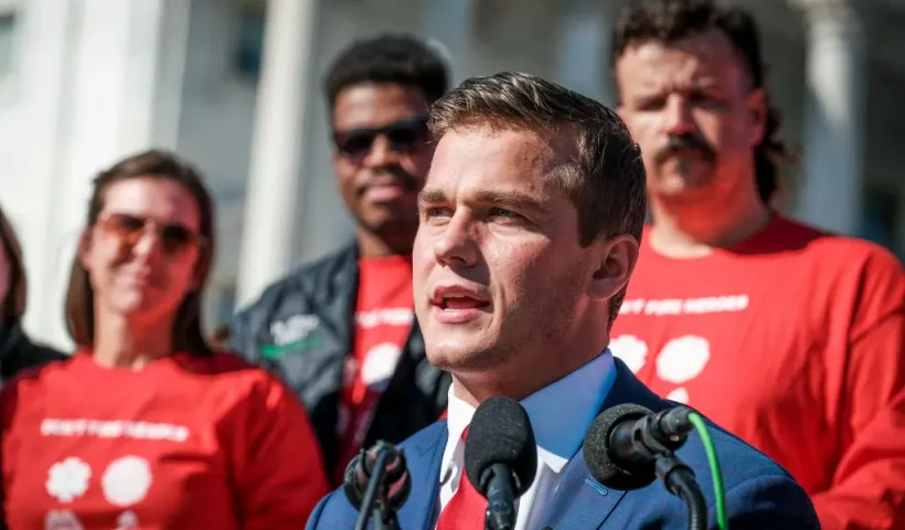 WASHINGTON, DC - NOVEMBER 01: Rep. Madison Cawthorn (R-NC) speaks during a press conference in front of the U.S. Capitol on November 1, 2021 in Washington, DC. The event was held to support first responders who may lose their jobs for refusing to get a COVID-19 vaccination. (Photo by Pete Marovich/Getty Images)