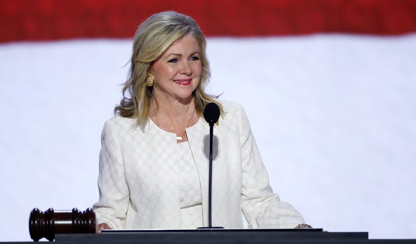 MILWAUKEE, WISCONSIN - JULY 15: Chair Committee on Platform, U.S. Sen. Marsha Blackburn (R-TN) speaks on the first day of the Republican National Convention at the Fiserv Forum on July 15, 2024 in Milwaukee, Wisconsin. Delegates, politicians, and the Republican faithful are in Milwaukee for the annual convention, concluding with former President Donald Trump accepting his party's presidential nomination. The RNC takes place from July 15-18. (Photo by Chip Somodevilla/Getty Images)