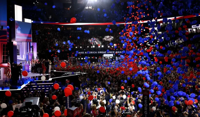 MILWAUKEE, WISCONSIN - JULY 18: Balloons fall after Republican presidential nominee, former U.S. President Donald Trump officially accepted the Republican presidential nomination on the fourth day of the Republican National Convention at the Fiserv Forum on July 18, 2024 in Milwaukee, Wisconsin. Delegates, politicians, and the Republican faithful are in Milwaukee for the annual convention, concluding with former President Donald Trump accepting his party's presidential nomination. The RNC takes place from July 15-18. (Photo by Leon Neal/Getty Images)