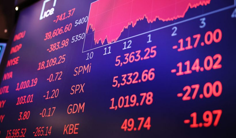NEW YORK, NEW YORK - AUGUST 02: Stock market numbers are displayed on a screen at the New York Stock Exchange during afternoon trading on August 02, 2024 in New York City. Stocks closed low after the July jobs report showed a slow down in the labor market, with the Dow Jones closing with a loss of over 600 points after being nearly down 1000 points and Nasdaq closing at a loss of over 400 points. (Photo by Michael M. Santiago/Getty Images)
