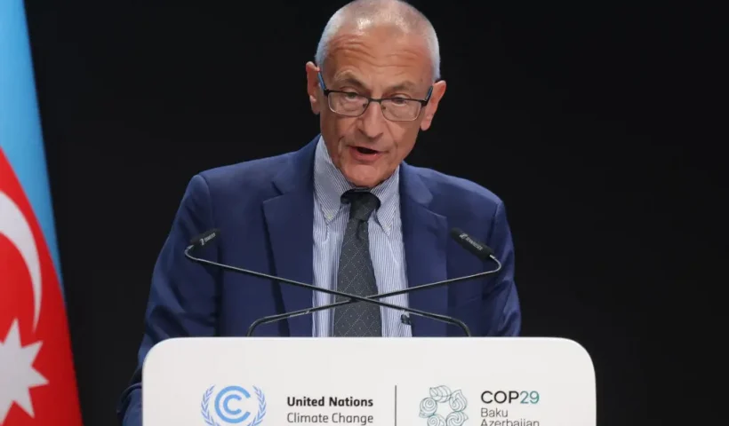 BAKU, AZERBAIJAN - NOVEMBER 13: John Podesta, Senior Advisor to the President for International Climate Policy, speaks during the high level segment on day three of the UNFCCC COP29 Climate Conference at Baku Stadium on November 13, 2024 in Baku, Azerbaijan. The COP29, which is running from November 11 through 22, is bringing together stakeholders, including international heads of state and other leaders, scientists, environmentalists, indigenous peoples representatives, activists and others to discuss and agree on the implementation of global measures towards mitigating the effects of climate change. According to the United Nations, countries made no progress over the last year in reducing global emissions from the burning of fossil fuels. (Photo by Sean Gallup/Getty Images)