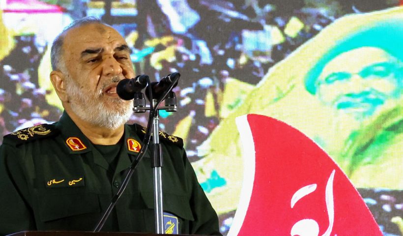 RGC commander-in-chief Major General Hossein Salami speaks during a memorial service for slain Hezbollah leader Hasssan Nasrallah and his successor Hashem Safieddine at Tehran's Grand Mosque in Iran's capital Tehran on February 23, 2025. Iran's supreme leader Ayatollah Ali Khamenei vowed "resistance" against Israel as Tehran-backed Hezbollah held a funeral on February 23 in Beirut for Nasrallah, killed in an Israeli strike last year. (Photo by ATTA KENARE / AFP) (Photo by ATTA KENARE/AFP via Getty Images)