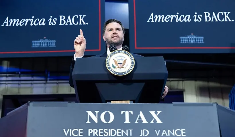 US Vice President JD Vance delivers remarks on the "One Big Beautiful Bill Act" at Don's Machine Shop in West Pittston, Pennsylvania, on July 16, 2025. US President Donald Trump signed his flagship tax and spending bill into law on July 4. (Photo by SAUL LOEB / AFP) (Photo by SAUL LOEB/AFP via Getty Images)