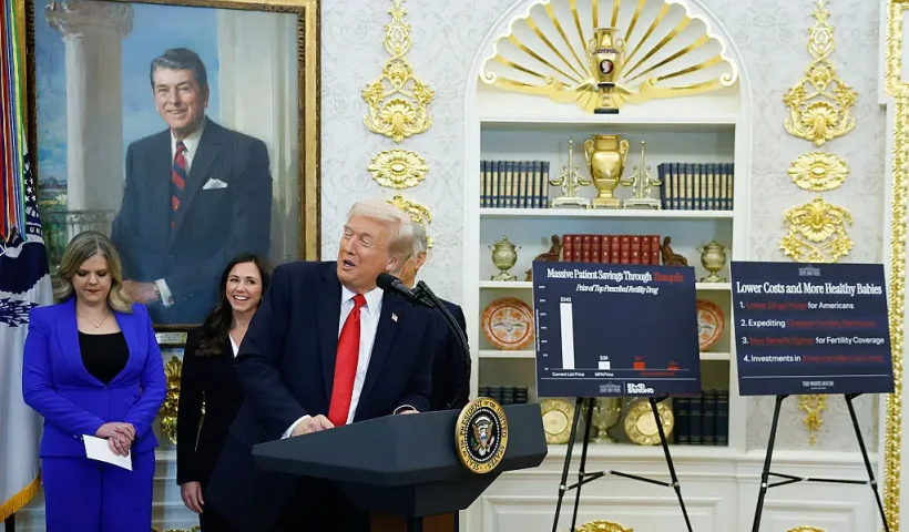 WASHINGTON, DC - OCTOBER 16: U.S. President Donald Trump delivers remarks from the Oval Office of the White House on October 16, 2025 in Washington, DC. Trump outlined plans to expand vitro fertilization (IVF) access by encouraging workplace benefits to include access to IVF and infertility coverage. (Photo by Kevin Dietsch/Getty Images)