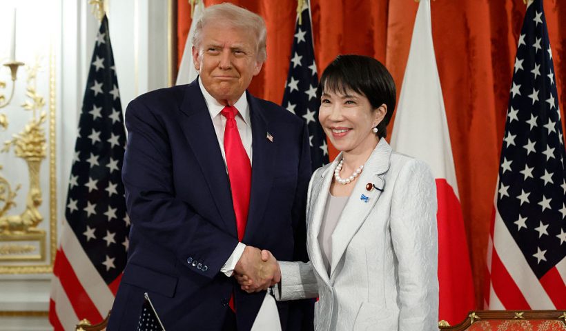 US President Donald Trump and Japan's Prime Minister Sanae Takaichi pose for photographs following a signing ceremony at the Akasaka State Guest House in Tokyo on October 28, 2025. (Photo by Kiyoshi Ota / POOL / AFP) (Photo by KIYOSHI OTA/POOL/AFP via Getty Images)