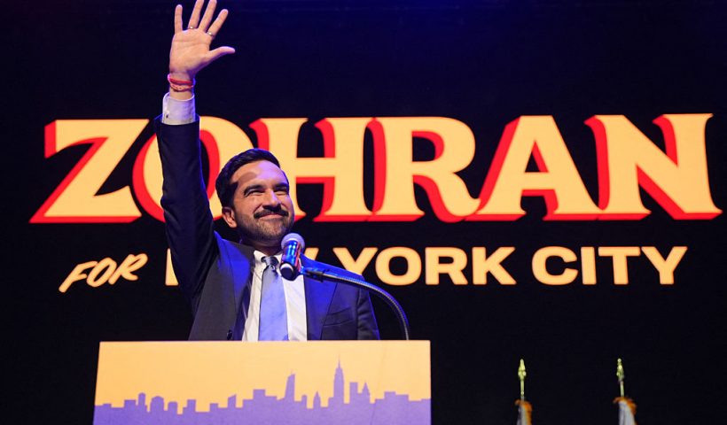 TOPSHOT - New York City Mayoral candidate Zohran Mamdani celebrates during an election night event at the Brooklyn Paramount Theater in Brooklyn, New York on November 4, 2025. New Yorkers elected leftist Zohran Mamdani as their next mayor November 4, 2025 broadcasters projected, on a day of key local ballots across the country offering the first electoral judgement of Donald Trump's tumultuous second White House term. (Photo by Angelina Katsanis / AFP) (Photo by ANGELINA KATSANIS/AFP via Getty Images)