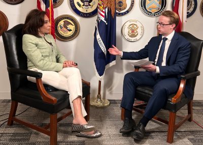 United States Attorney for the District of Colombia, Judge Jeanine Pirro, with OAN’s Daniel Baldwin after their exclusive interview on October 9, 2025. (Photo courtesy: OAN)