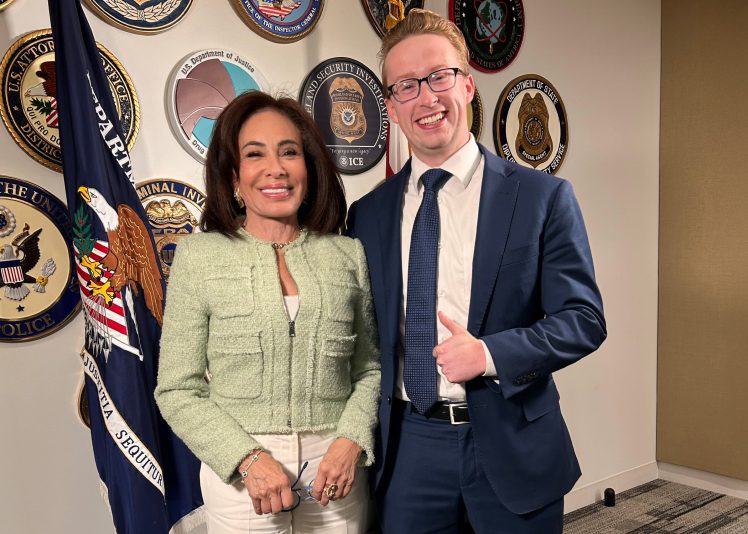 United States Attorney for the District of Colombia, Judge Jeanine Pirro, with OAN’s Daniel Baldwin after their exclusive interview on October 9, 2025. (Photo courtesy: OAN)
