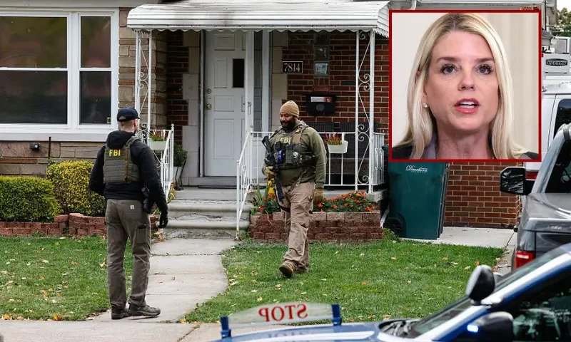 Members of the FBI Joint Terrorism Task Force search a home in Dearborn, Michigan, on October 31, 2025. FBI Director Kash Patel said Friday that the agency had thwarted a "potential terrorist attack" planned in the northern state of Michigan over Halloween weekend. Patel said the FBI arrested multiple subjects. (Photo by JEFF KOWALSKY / AFP) (Photo by JEFF KOWALSKY/AFP via Getty Images) / U.S. Attorney General Pam Bondi delivers remarks as U.S. President Donald Trump delivers an announcement on his Homeland Security Task Force in the State Dining Room of the White House on October 23, 2025 in Washington, DC. Trump announced the successes of his administration’s task force including the arrests of over 3,000 cartel and foreign terrorist members. (Photo by Alex Wong/Getty Images)