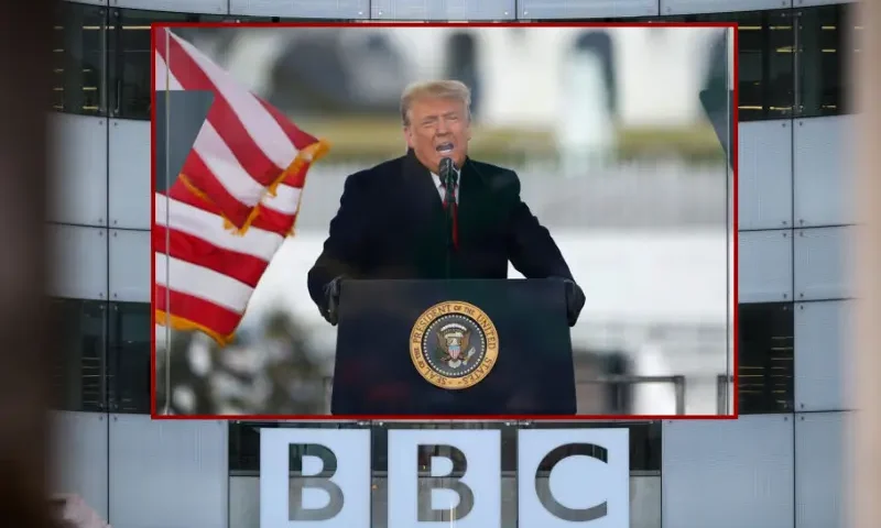 The BBC logo is seen at BBC Broadcasting House on January 17, 2022 in London, England. Culture Secretary Nadine Dorries has hinted that the Government will shortly reveal plans to abolish the licence fee in 2027, with the funding frozen for the next two years. Unlike other subscription services, the BBC faces a number of challenges, including finding a way to charge users, while continuing to provide-free-to-air content over its multiple radio stations. (Photo by Leon Neal/Getty Images) / President Donald Trump speaks at the "Stop The Steal" Rally on January 06, 2021 in Washington, DC. Trump supporters gathered in the nation's capital today to protest the ratification of President-elect Joe Biden's Electoral College victory over President Trump in the 2020 election. (Photo by Tasos Katopodis/Getty Images)