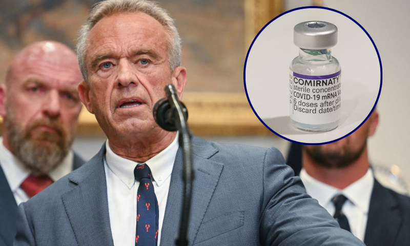 (Background) US Secretary of Health and Human Services Robert F. Kennedy Jr. speaks before the signing an executive order restarting the Presidential Fitness Test in public schools in the Roosevelt Room of the White House in Washington, DC, on July 31, 2025. (Photo by Jim WATSON / AFP) (Photo by JIM WATSON/AFP via Getty Images) / (R) MELBOURNE, AUSTRALIA - JULY 11: A vile of a Pfizer-BioNTech COVID-19 mRNA vaccine is seen at Exhibition Pharmacy on July 11, 2022 in Melbourne, Australia. More Australians are now eligible to receive a fourth dose of a COVID-19 vaccine, after the Australian Technical Advisory Group on Immunisation (ATAGI) approved people aged 30 and above can access additional booster shots from Monday 11 July. While over 30s are now eligible for an additional dose if they choose, health authorities are strongly urging people over 50 to get the fourth COVID-19 vaccine booster and for people to wear masks indoors in public as coronavirus infections continue driven by Omicron subvariants. (Photo by Asanka Ratnayake/Getty Images)