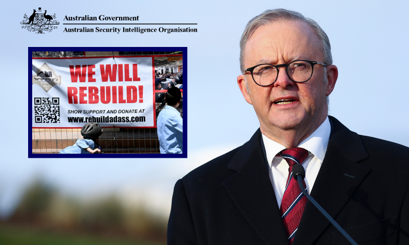 (L) Children from the local Jewish community look at the tributes left outside the torched Adass Israel Synagogue in Melbourne on December 10, 2024. Australia's prime minister Anthony Albanese toured the charred wreckage of a synagogue on December 10, urging the nation to unite in the face of an "evil" arson attack. (Photo by William WEST / AFP) (Photo by WILLIAM WEST/AFP via Getty Images) / (L-Top) The Australian Security Intelligence Organization logo. / (Background) QUEENSTOWN, NEW ZEALAND - AUGUST 09: Australian Prime Minister Anthony Albanese speaks during a press conference at Taramea on August 09, 2025 in Queenstown, New Zealand. Australia's Prime Minister Anthony Albanese was welcomed to Queenstown by Ngāi Tahu at a pōwhiri, followed by bilateral talks. Other engagements included a business roundtable with the Australia New Zealand Leadership Forum and showcasing Central Otago's beauty. (Photo by Hagen Hopkins/Getty Images)