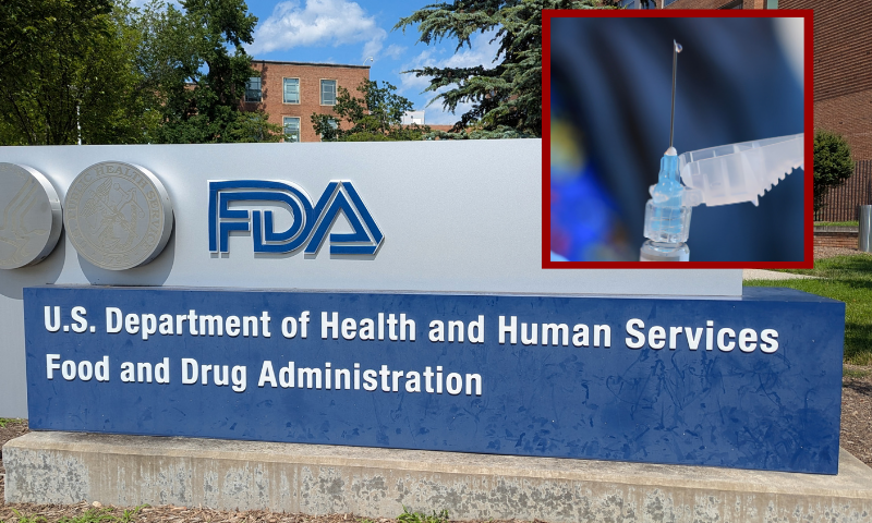 (Background) The logo of the US Food and Drug Administration (FDA) is seen on a sign outside the agency's White Oak campus in Silver Spring, Maryland, on July 17, 2025. (Photo by Issam AHMED / AFP) (Photo by ISSAM AHMED/AFP via Getty Images) / (R) MIAMI, FLORIDA - MAY 29: In this photo illustration, Ruth Jones, Immunization Nurse, holds a Pfizer-BioNTech COVID-19 vaccine (brand name: Comirnaty) at Borinquen Health Care Center on May 29, 2025 in Miami, Florida. Health Secretary Robert F. Kennedy Jr. announced that he will no longer recommend that healthy children and pregnant people get COVID-19 shots. (Photo illustration by Joe Raedle/Getty Images)