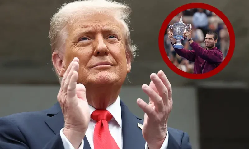 B| US President Donald Trump, attends the men's singles final tennis match between Spain's Carlos Alcaraz and Italy's Jannik Sinner on the last day of the US Open tennis tournament at the USTA Billie Jean King National Tennis Center in New York City, on September 7, 2025. President Donald Trump is to attend the US Open men's final on Sunday, adding the Grand Slam tennis tournament to a list of high-profile sport outings since beginning his new term. (Photo by CHARLY TRIBALLEAU / AFP) (Photo by CHARLY TRIBALLEAU/AFP via Getty Images) C| Carlos Alcaraz of Spain poses with his trophy after defeating Jannik Sinner of Italy during their Men's Singles Final match on Day Fifteen of the 2025 US Open at USTA Billie Jean King National Tennis Center on September 07, 2025 in New York City. (Photo by Matthew Stockman/Getty Images)