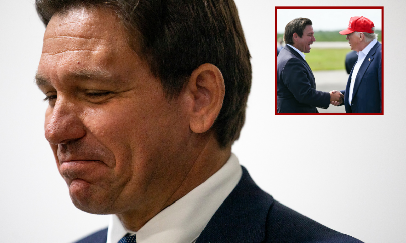 (Background) NORTHWOOD, OHIO - NOVEMBER 1: Florida Gov. Ron DeSantis stands to the side of the stage before speaking during a campaign event with Republican nominee for U.S. Senate Bernie Moreno on November 1, 2024 in at Spartan Northwood Warehouse in Northwood, Ohio. U.S. Sen. Sherrod Brown (D-OH) and Republican Bernie Moreno are deadlocked in the final stretch of the Ohio Senate race drawing more ad spending than any other Senate race in history. (Photo by Emily Elconin/Getty Images) / (R) (L/R) Florida Governor Ron DeSantis shakes hands with US President Donald Trump upon Trump's arrival at Dade-Collier Training and Transition Airport in Ochopee, Florida, on July 1, 2025. President Trump is visiting a migrant detention center in a reptile-infested Florida swamp dubbed "Alligator Alcatraz." Trump will attend the opening of the 5,000-bed facility -- located at an abandoned airfield in the Everglades wetlands -- part of his expansion of deportations of undocumented migrants, his spokeswoman said. (Photo by ANDREW CABALLERO-REYNOLDS / AFP) (Photo by ANDREW CABALLERO-REYNOLDS/AFP via Getty Images)