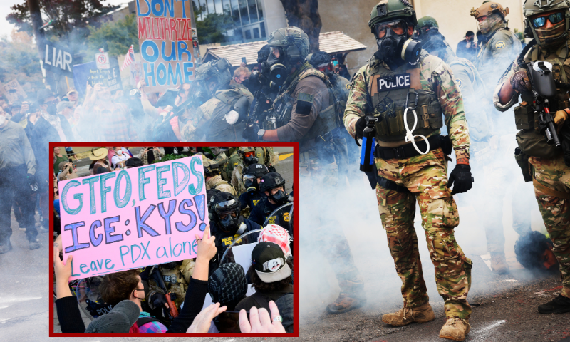 (Background) PORTLAND, OREGON - OCTOBER 04: Federal agents, including members of the Department of Homeland Security, the Border Patrol, and police, clash with protesters outside a downtown U.S. Immigration and Customs Enforcement (ICE) facility on October 04, 2025 in Portland, Oregon. The facility has become a focal point of nightly protests against the Trump administration and his announcement that he will be sending National Guard troops into Portland. A federal judge is currently hearing Oregon’s case against sending troops into the city, and a decision is expected on Saturday. (Photo by Spencer Platt/Getty Images) / (L) PORTLAND, OREGON - SEPTEMBER 28: Federal agents confront protesters outside of the U.S. Immigration and Customs Enforcement building on September 28, 2025 in Portland, Oregon. In a Truth Social post on September 27th, President Trump authorized the deployment of military troops to "protect War ravaged Portland, and any of our ICE Facilities under siege from attack by Antifa, and other domestic terrorists." (Photo by Mathieu Lewis-Rolland/Getty Images)