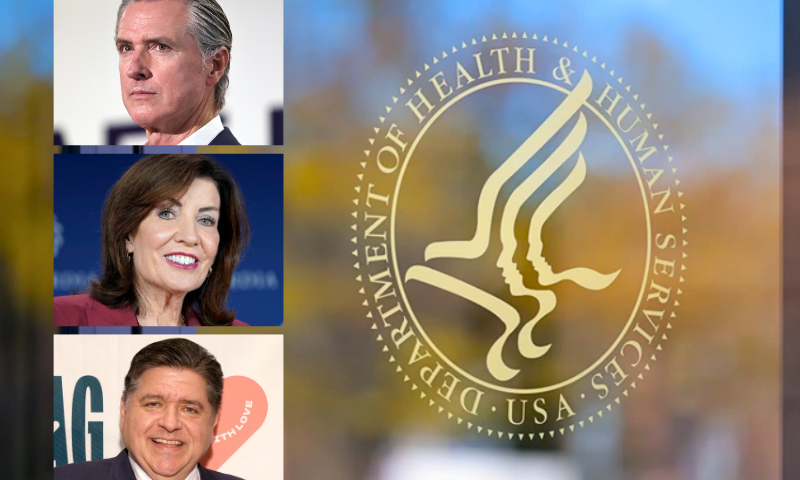 (Background) WASHINGTON, DC - MARCH 27: The U.S. Department of Health and Human Services building is seen on March 27, 2025 in Washington, DC. The Department of Health and Human Services announced it is cutting 10,000 jobs and closing offices aimed at cutting $1.8 billion (Photo by Kayla Bartkowski/Getty Images) / (L-Top) LOS ANGELES, CALIFORNIA - OCTOBER 08: California Governor Gavin Newsom looks on before he speaks at Belvedere Middle School before signing legislation aimed at improving kids' nutrition and health across California on October 8, 2025 in Los Angeles, California. The bill bans ultra-processed foods (UPFs) from school meals in the state. (Photo by Mario Tama/Getty Images) / (L-Middle) NEW YORK, NEW YORK - SEPTEMBER 23: Governor of New York Kathy Hochul speaks onstage during the 2025 Concordia Annual Summit at Sheraton New York Times Square on September 23, 2025 in New York City. (Photo by John Lamparski/Getty Images for Concordia Annual Summit) / (L-Bottom) CHICAGO, ILLINOIS - OCTOBER 10: JB Pritzker, governor of Illinois, and Brian Bond, CEO, PFLAG National, attend Learning With Love: The 2025 PFLAG National Convention on October 10, 2025 in Chicago, Illinois. (Photo by Jeff Schear/Getty Images for PFLAG National)