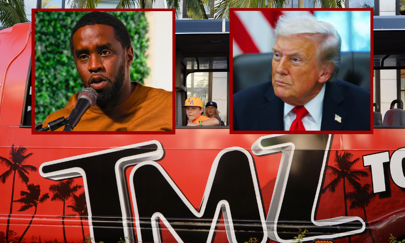 (L) WASHINGTON, DC - SEPTEMBER 21: Sean "Diddy" Combs speaks during the Congressional Black Caucus Foundation Annual Legislative Conference National Town Hall on September 21, 2023 in Washington, DC. (Photo by Jemal Countess/Getty Images for Congressional Black Caucus Foundation) / (R) WASHINGTON, DC - OCTOBER 21: U.S. President Donald Trump looks on during an event celebrating Diwali in the Oval Office of the White House on October 21, 2025 in Washington, DC. Trump held the event to honor the Hindu festival that symbolizes the victory of light over darkness. (Photo by Anna Moneymaker/Getty Images) / (Background) A TMZ tour bus travels on Rodeo Drive in Beverly Hills, California September 3, 2013. AFP PHOTO / Robyn Beck (Photo credit should read ROBYN BECK/AFP via Getty Images)