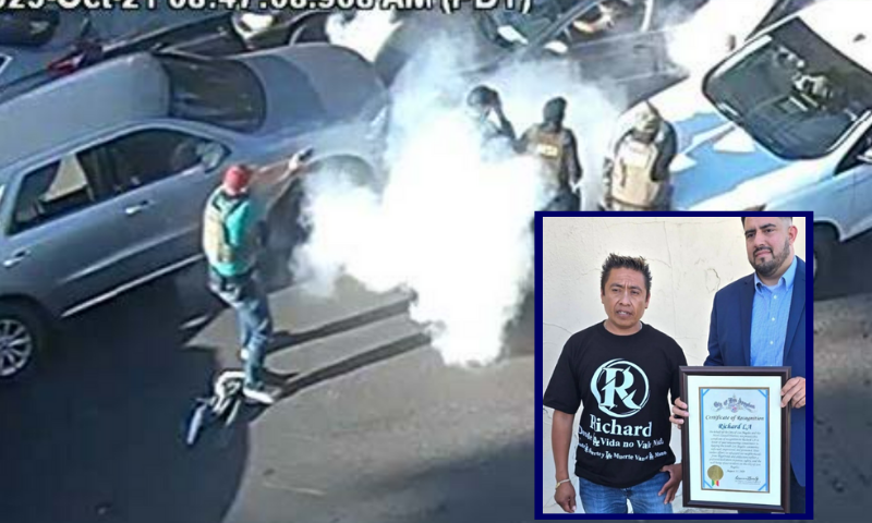 (Background) Photo via: Bill Essayli, Acting U.S. Attorney for the Central District of California. / (R) Carlitos Ricardo Parias receiving award. (Photo via: Los Angeles City Councilmember Curren Price's office)