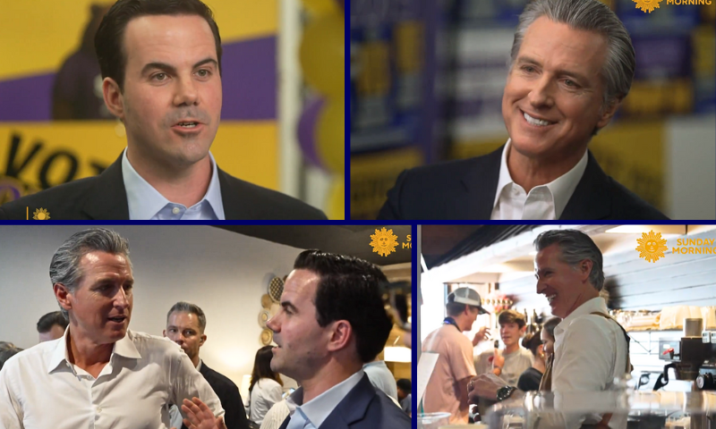 Photo screenshots taken from CBS News "Sunday Morning" interview with Gavin Newsom.