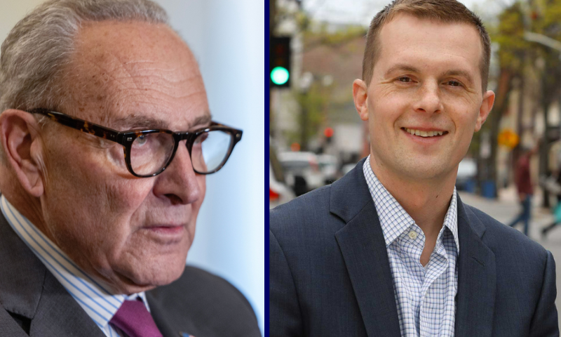 (L) WASHINGTON, DC - OCTOBER 21: Senate Minority Leader Chuck Schumer (D-NY) speaks to reporters at the U.S. Capitol on October 21, 2025 in Washington, DC. The government remains shut down after Congress failed to reach a funding deal 21 days ago. (Photo by Tasos Katopodis/Getty Images) / (R) Jared Golden represents the Second District of Maine in the United States Congress. (Photo via: votevets.org)