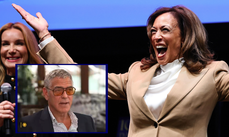 Former U.S. Vice President Kamala Harris walks onstage before speaking at the Wiltern Theatre on September 29, 2025 in Los Angeles, California. (Mario Tama/Getty Images) / (L) George Clooney on the CBS Morning Show. (Photo via: screenshot taken of interview)