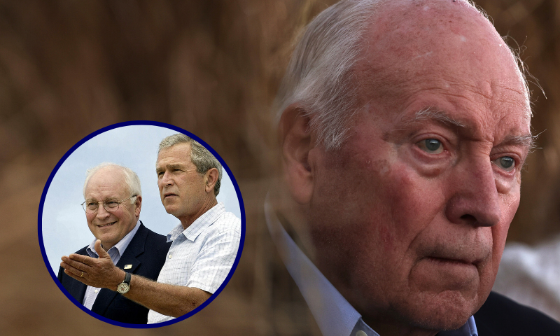 (L) TOPSHOT - US President George W. Bush (L) speaks to reporters as US Vice President Dick Cheney looks on 23 August 2004 at Bush's Crawford, Texas ranch. Bush spoke after his Defense Policy and Program Teams meeting held annually at the ranch. (Photo by LUKE FRAZZA / AFP) (Photo by LUKE FRAZZA/AFP via Getty Images) / (Background) JACKSON, WYOMING - AUGUST 16: Former U.S. Vice President Dick Cheney, father of Rep. Liz Cheney (R-WY), listens to daughter's remarks during a primary night event August 16, 2022 in Jackson, Wyoming. Rep. Cheney conceded her loss in the Wyoming primary election. (Photo by Alex Wong/Getty Images)