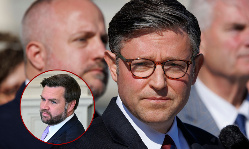 (L) (L/R) US Vice President JD Vance and Senate Majority Leader John Thune (R-SD) applaud as President Donald Trump speaks during a breakfast meeting with Senate Republicans in the State Dining Room of the White House on November 5, 2025, in Washington, DC. (Photo by SAUL LOEB / AFP) (Photo by SAUL LOEB/AFP via Getty Images) / (R) WASHINGTON, DC - NOVEMBER 5: House Speaker Mike Johnson (R-LA) speaks at the podium alongside fellow Republicans during a news conference on November 5, 2025 on Capitol Hill in Washington, DC. The record for longest shutdown in the U.S. Government was broken Wednesday as it entered its 36th day. (Photo by Tom Brenner/Getty Images)