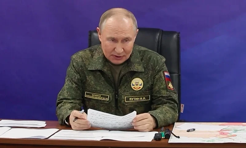 In this image made from video released by the Russian Presidential Press Office on Sunday, Oct. 26, 2025, Russian President Vladimir Putin speaks while visiting one of the command posts of the Joint Group of Forces. (Russian Presidential Press Office via AP)