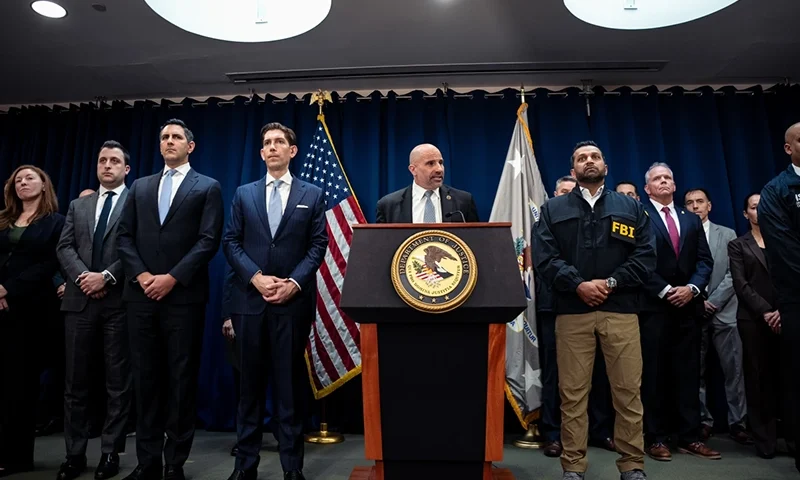 FBI assistant director Christopher Raia speaks at a press conference announcing the arrests of Portland Trail Blazers head coach Chauncey Billups and Miami Heat guard Terry Rozier in connection with a federal investigation into sports betting and illegal gambling, Thursday, Oct. 23, 2025, in New York. (AP Photo/Angelina Katsanis)