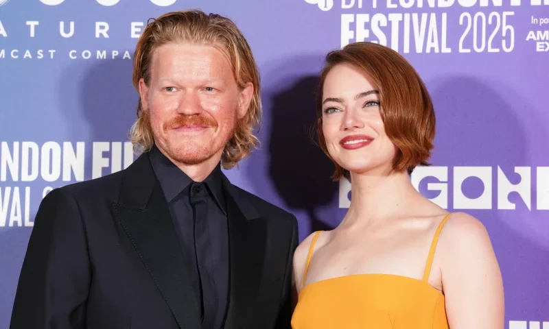 Jesse Plemons and Emma Stone pose at the premiere of “Bugonia” in London, Friday, Oct. 10, 2025. (Photo by Scott A Garfitt/Invision/AP)