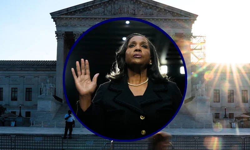 (Background) WASHINGTON, DC - OCTOBER 7: People pass outside the U.S. Supreme Court on October 7, 2024 in Washington, DC. The new Supreme Court term starts as the justices of the country's highest court return from summer break with new cases on the docket and the possibility that emergency election-related cases could arise in the coming weeks as the presidential election looms in the distance. (Photo by Kent Nishimura/Getty Images) / (Center) WASHINGTON, DC - JUNE 21: Lisa DeNell Cook, nominee to be a member of the Board of Governors of the Federal Reserve System, is sworn in during a Senate Banking nominations hearing on June 21, 2023 in Washington, DC. If confirmed, Cook would be the first Black woman to sit on the Board of Governors in its 108-year history. (Photo by Drew Angerer/Getty Images)