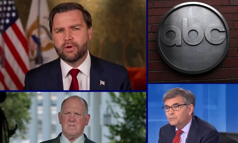 (L-Bottom) WASHINGTON, DC - JULY 24: White House Border Czar Tom Homan waits to be interviewed on television outside the White House on July 24, 2025 in Washington, DC. Homan answered questions about the Trump Administration's work to fulfill its goal of the largest mass deportation in U.S. history. (Photo by Chip Somodevilla/Getty Images) / (L-top) JD Vance during live streaming -- screenshot taken via X) / (R-top) NEW YORK - FEBRUARY 24: The ABC logo is viewed outside of ABC headquarters February 24, 2010 in New York, New York. ABC has announced that the television news division plans to cut 20-25 percent of its workforce, or between 300-400 people, through buyouts or layoffs. The news division plans to use more contractors and freelancers to make up for the loss of fulltime employees. (Photo by Spencer Platt/Getty Images) / (R-Bottom) ABC News anchor George Stephanopoulos screenshot taken via X video.