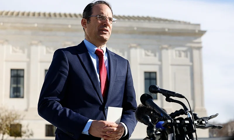 WASHINGTON, DC - DECEMBER 05: Colorado Attorney General Phil Weiser speaks to reporters at the U.S. Supreme Court Building on December 05, 2022 in Washington, DC. The U.S. Supreme Court heard oral arguments from cases including one involving Lorie Smith, the owner of 303 Creative, a website design company in Colorado who refuses to create websites for same-sex weddings despite a state anti-discrimination law. (Photo by Anna Moneymaker/Getty Images)