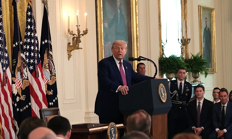 WASHINGTON, DC - JUNE 12: U.S. President Donald Trump takes questions after signing a series of bills related to California’s vehicle emissions standards during an event in the East Room of the White House on June 12, 2025 in Washington, DC. Members of Congress passed the bills using the Congressional Review Act and the effect would largely revoke the emissions standards enacted by the state of California. (Photo by Win McNamee/Getty Images)