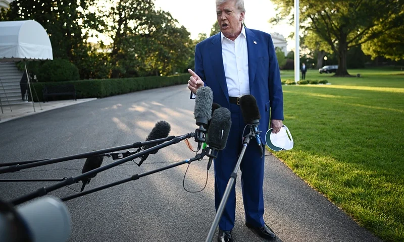 US President Donald Trump speaks to the press before boarding Marine One from the South Lawn of the White House in Washington, DC on June 24, 2025, to attend the NATO's Heads of State and Government summit in The Hague. (Photo by Mandel NGAN / AFP) (Photo by MANDEL NGAN/AFP via Getty Images)