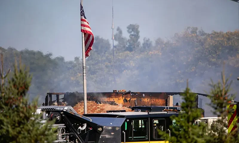 Emergency services respond to a shooting and fire at the Church of Jesus Christ of Latter-day Saints on September 28, 2025 in Grand Blanc, Michigan. (Photo by Bill Pugliano/Getty Images)