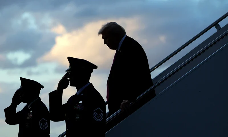 WEST PALM BEACH, FLORIDA - OCTOBER 17: U. S. President Donald Trump walks down the steps of Air Force One after he landed at West Palm Beach International Airport on October 17, 2025 in West Palm Beach, Florida. President Trump is spending his weekend at Mar-a-Lago in Palm Beach, Florida. (Photo by Alex Wong/Getty Images)