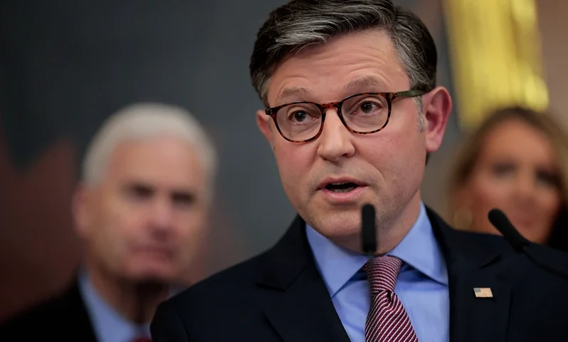 WASHINGTON, DC - OCTOBER 27: Speaker of the House Mike Johnson (R-LA) talks to reporters on the 27th day of the federal government shutdown in the Rayburn Room at the U.S. Capitol on October 27, 2025 in Washington, DC. While keeping his party's members out of session during the shutdown, Johnson blamed Democratic lawmakers for the continued shutdown. (Photo by Chip Somodevilla/Getty Images)
