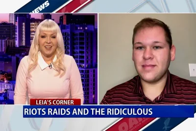 A split screen with Leia Page on the left and guest Riley Mitchell on the right.