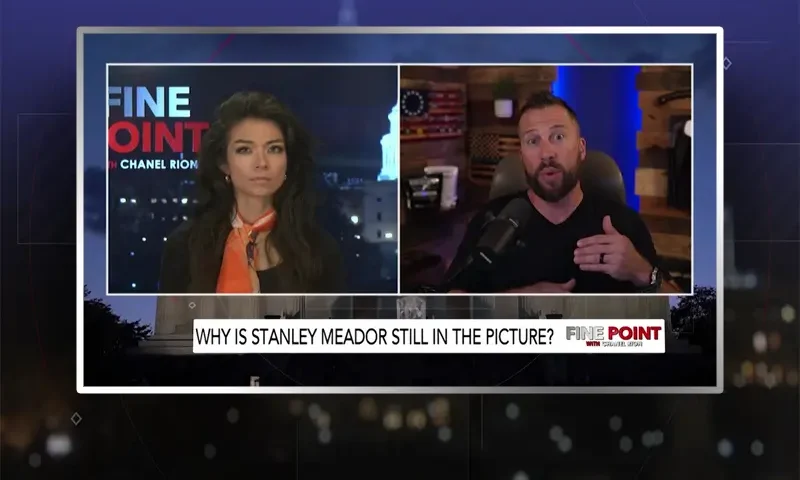 Video still from Fine Point on One America News Network showing a split screen of the host on the left side, and on the right side is the guest, Kyle Seraphin.