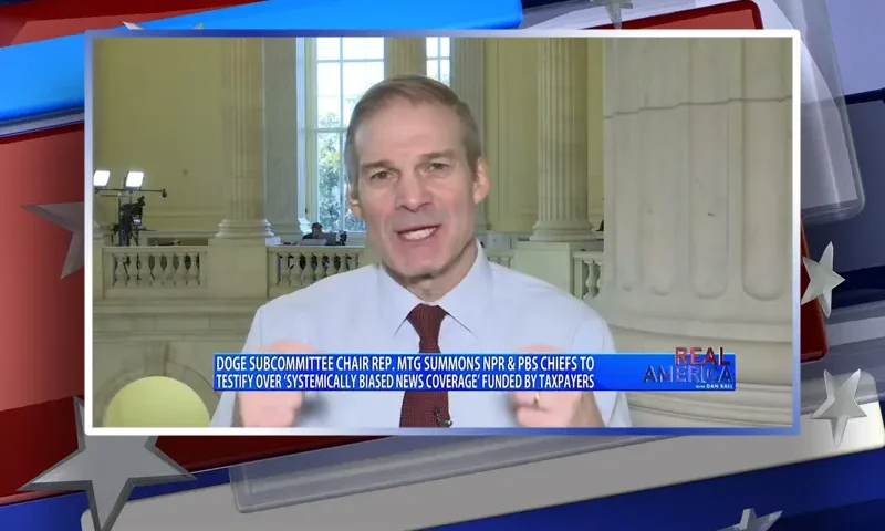 Video still from Tipping Point on One America News Network during an interview with the guest, Rep. Jim Jordan.