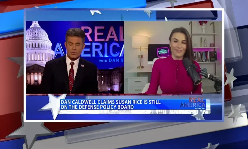 Video still from Real America on One America News Network showing a split screen of the host on the left side, and on the right side is the guest, Breanna Morello.